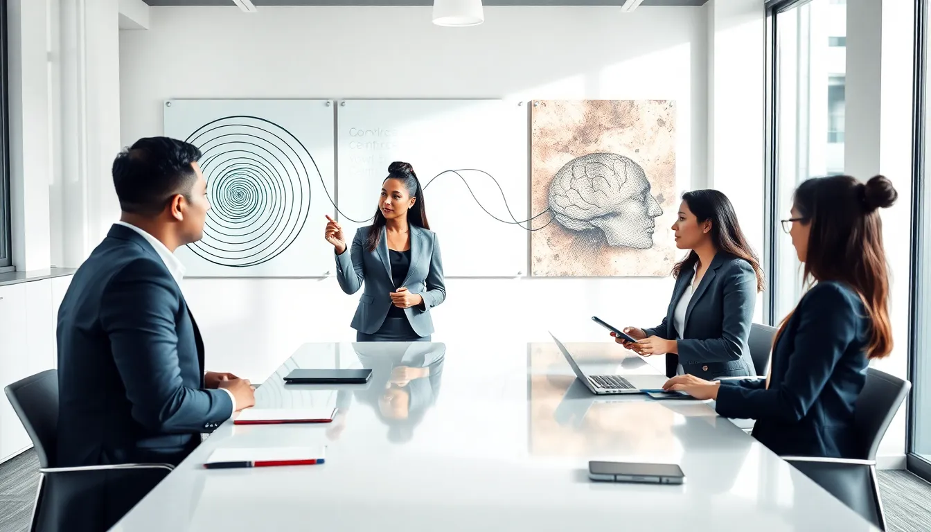 diverse professionals discussing philosophical concepts in a modern office.